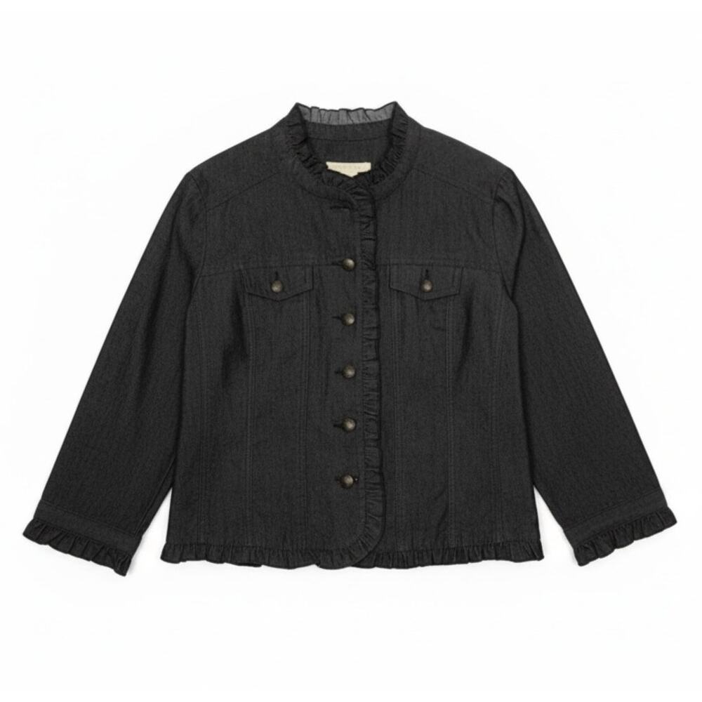 Sandro Lightweight Denim Jacket Washed Black Ruffle Trim Size Large